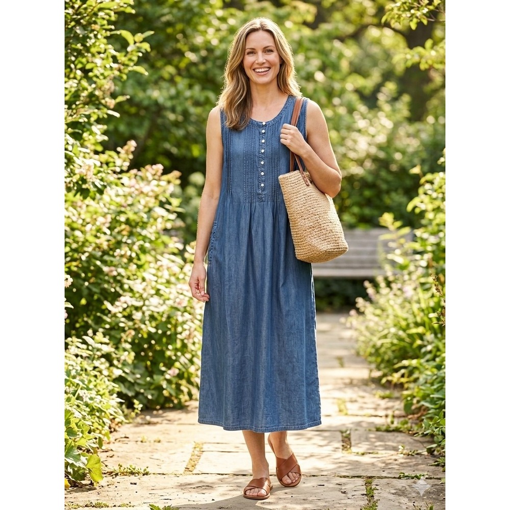 Coldwater Creek Tencel Denim Sleeveless Round Neck Button Dress Pockets Size 2x